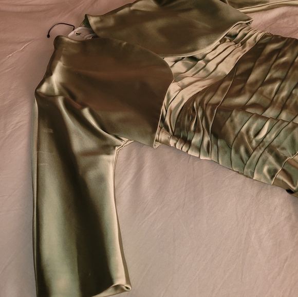 Stunning Niteline Sage Satin Strapless Gown Train Bolero Jacket Lined 14 - Picture 9 of 16